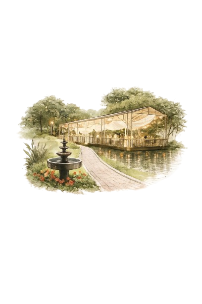 Ilustração artística em aquarela da Vila Saturnino, local do casamento, com vegetação tropical